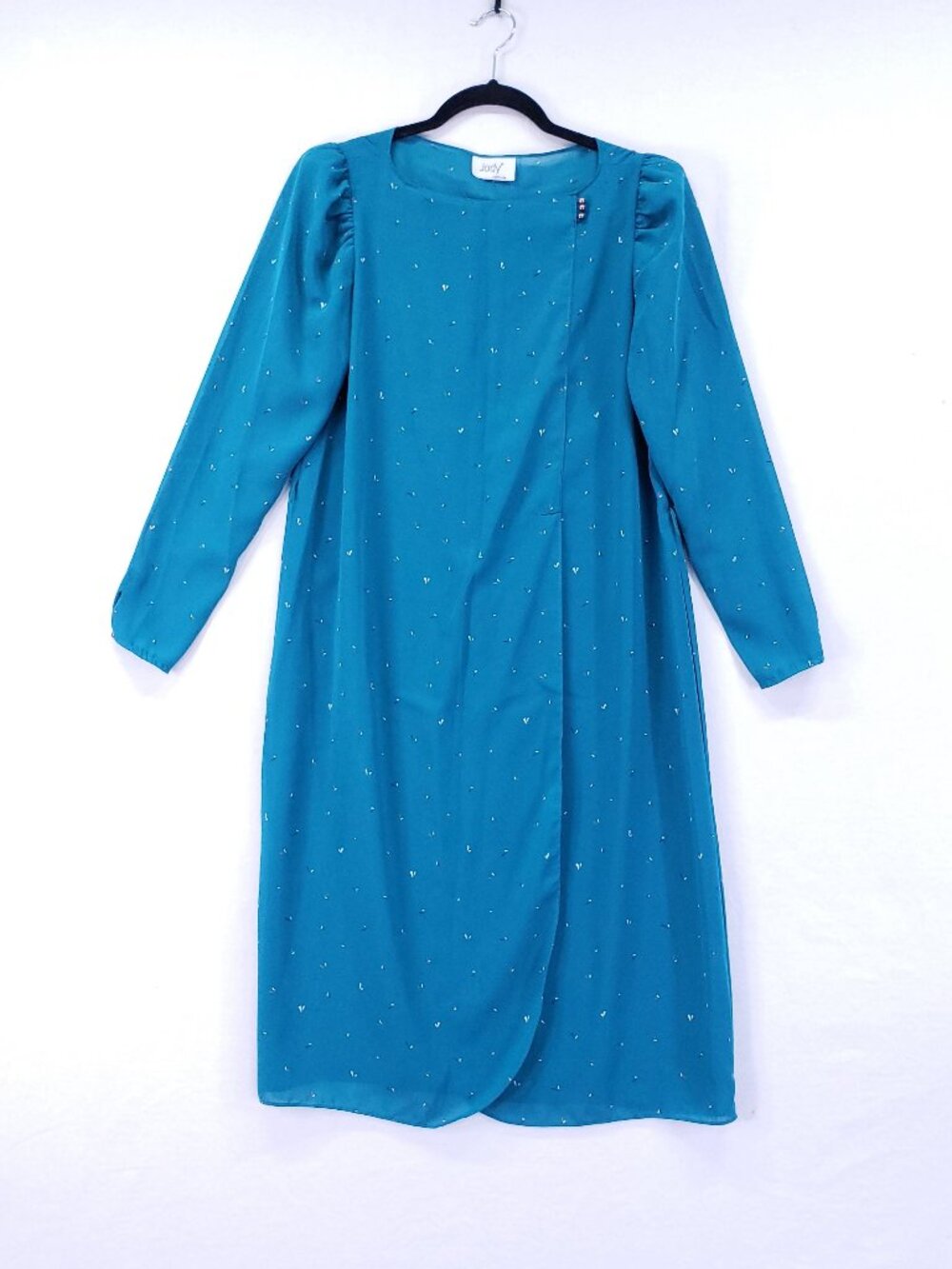 Vintage Jody California Midi Wrap Shift Dress 80s Teal Confetti Print Retro